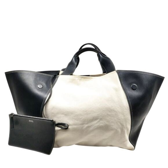 Céline Large Black & Ivory Canvas/ Leather Tote Bag w/ Pouch - Picture 1 of 8